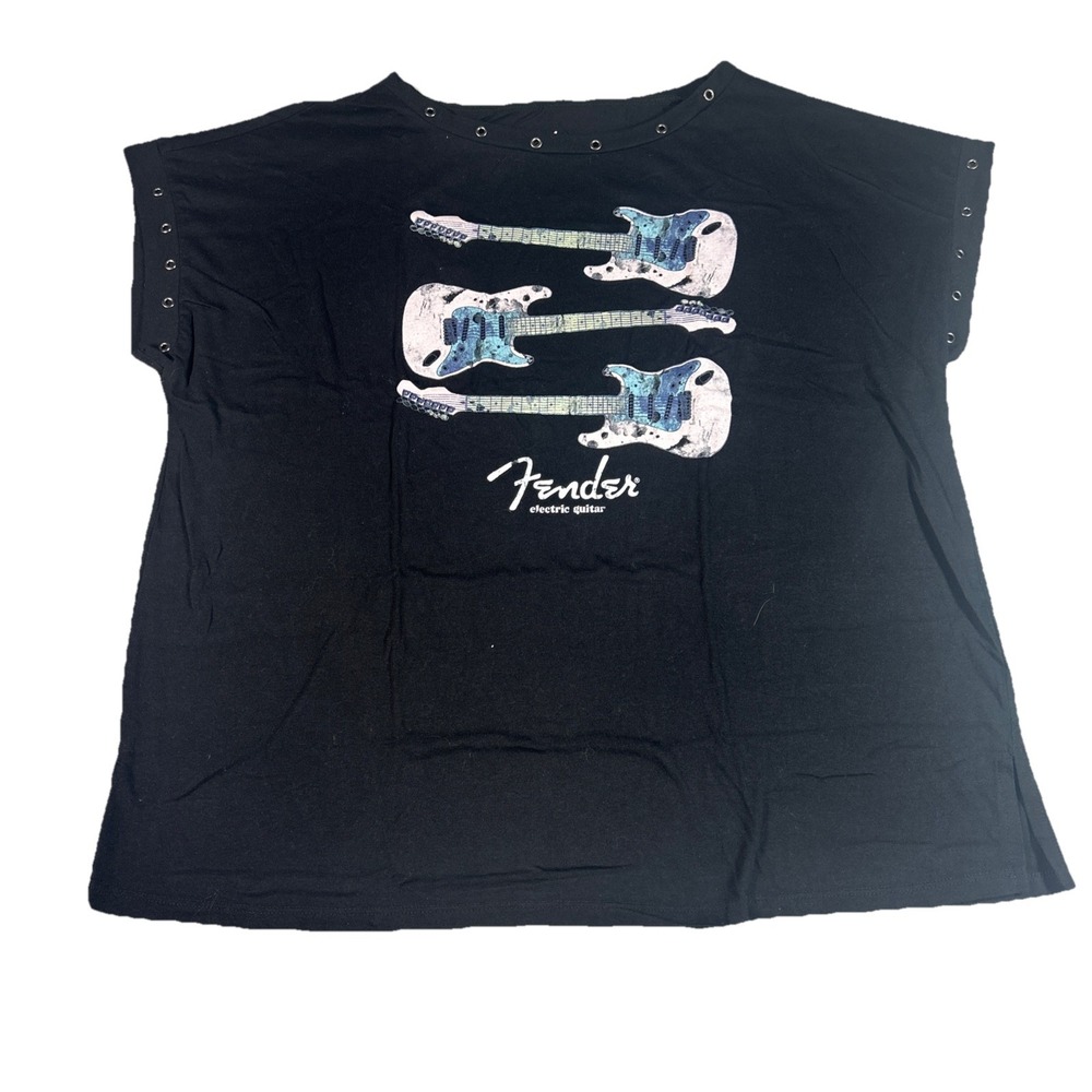 Rock Out! Fender Guitar/ Grommets T Shirt Womens 1X +Black Boat Neck Cap Sleeve